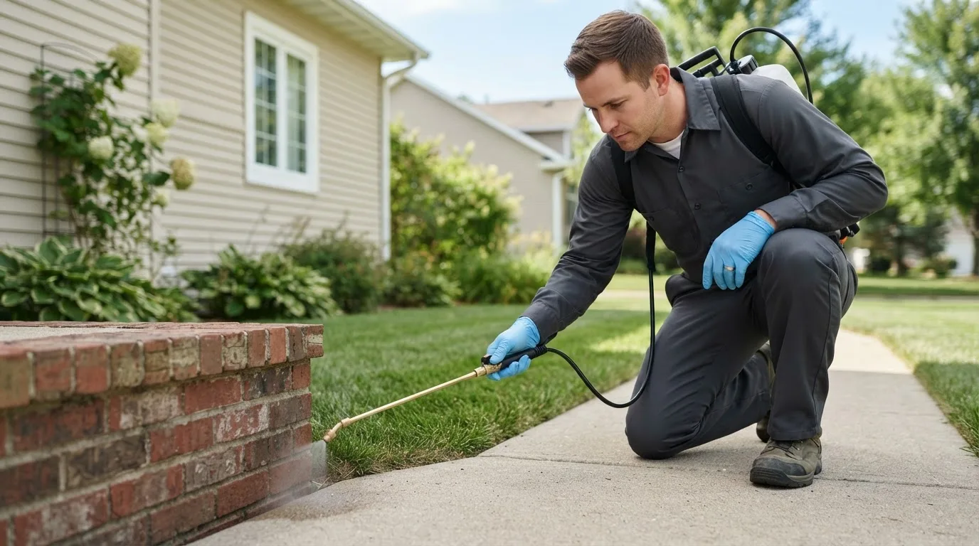 Pest control technician treating a home near Lehigh, IA